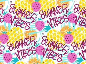 Buntes Sommermuster mit Früchten und Schriftzügen „Summer Vibes\"